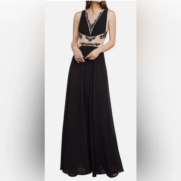 BCBGMaxAzria | Dresses | A Bcbg Backless Gown With Black Lace Applique And  Mesh Details New Never Worn